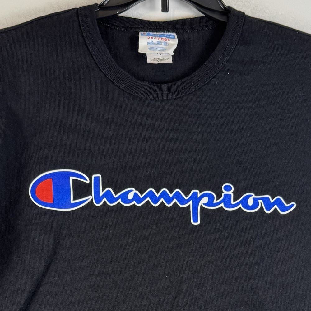 Vintage‎ Champion Heavyweight T-Shirt Mens Spellout Short Sleeve Black Size XXL